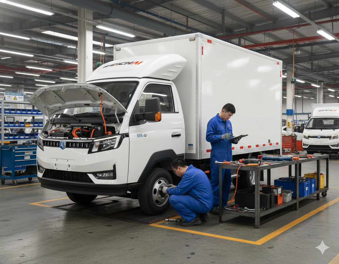 Technicians servicing an electric truck